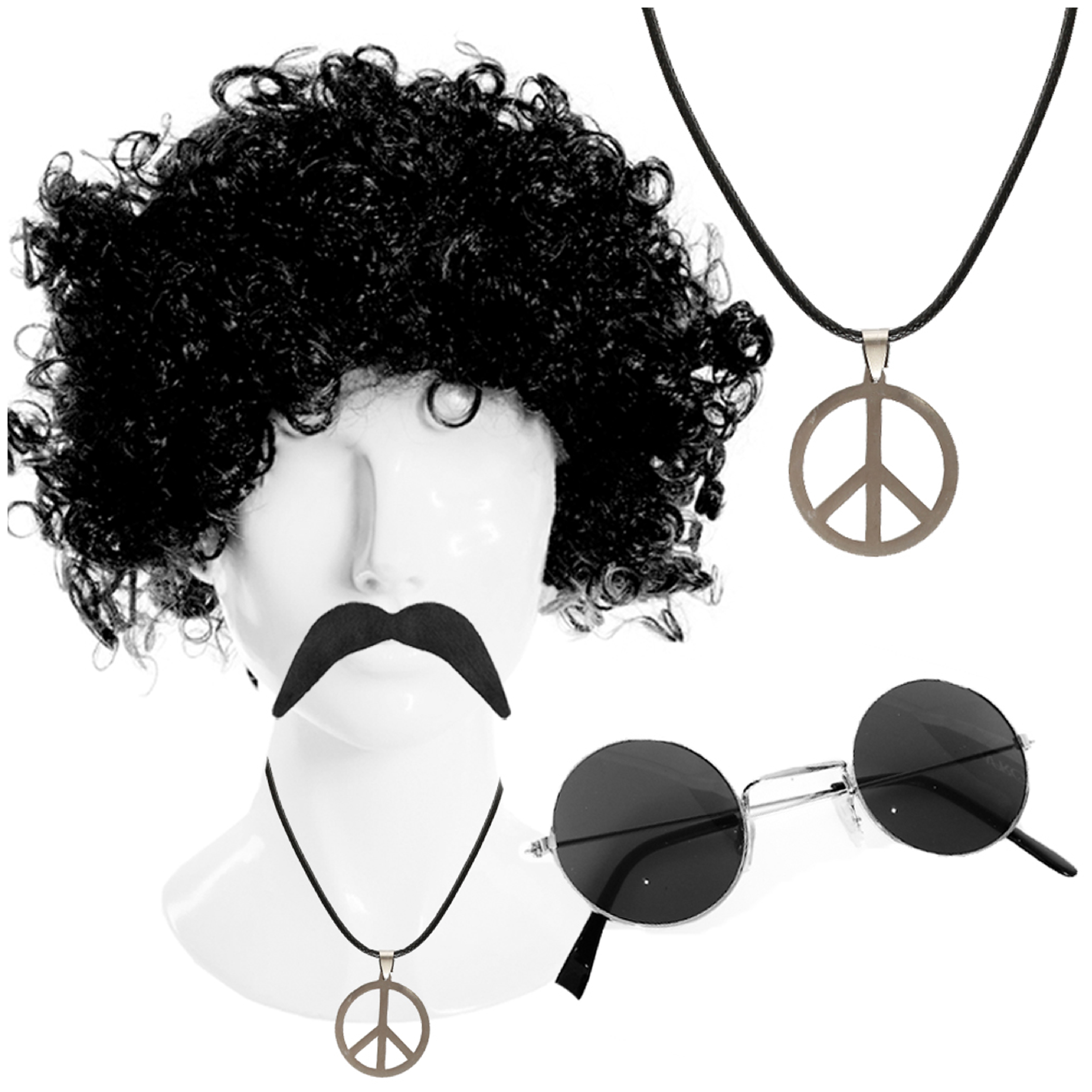 Hippy Accessory Set - Afro Wig, Moustache, Necklace & Black Glasses