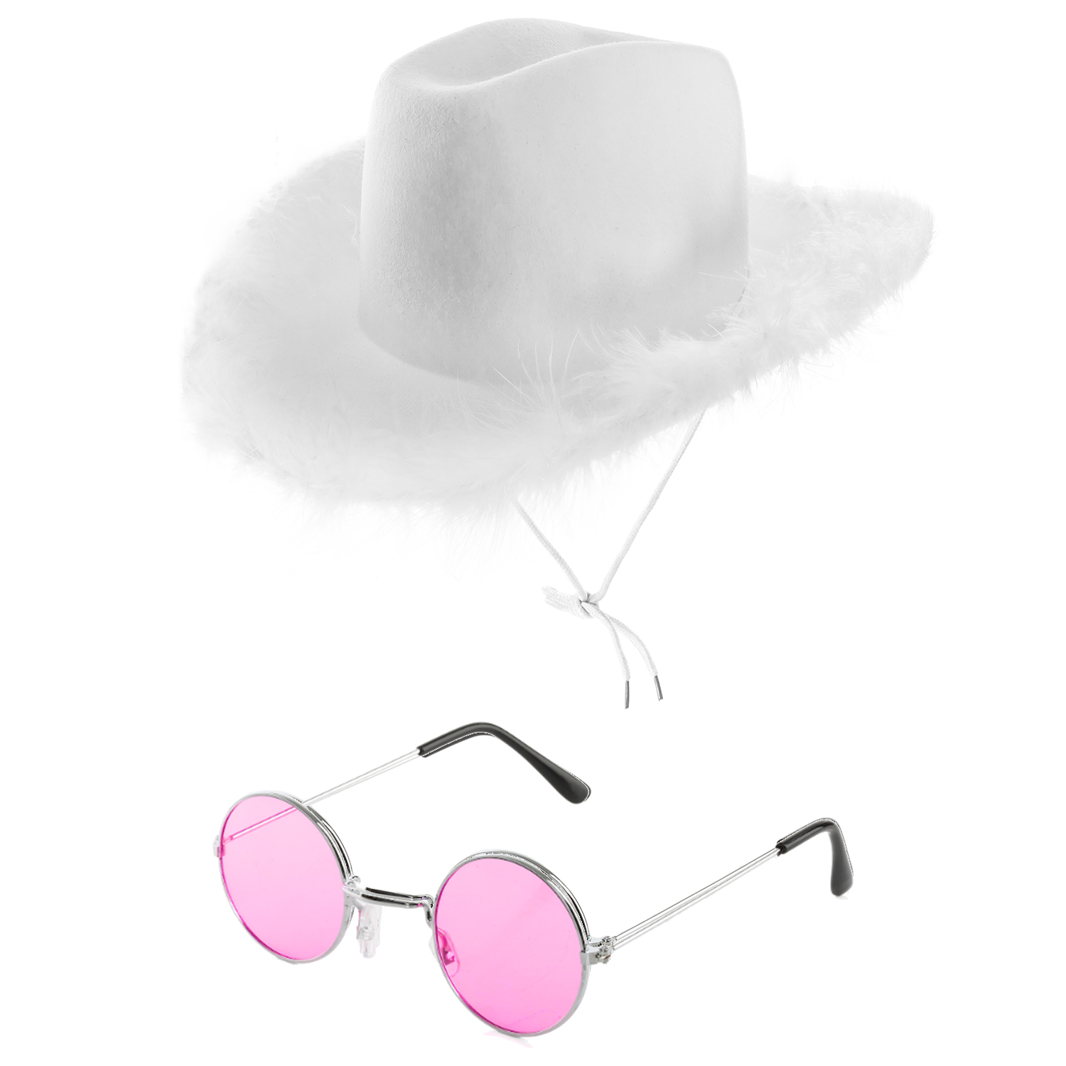 White Cowboy Hat with Marabou Trim & Circular Glasses