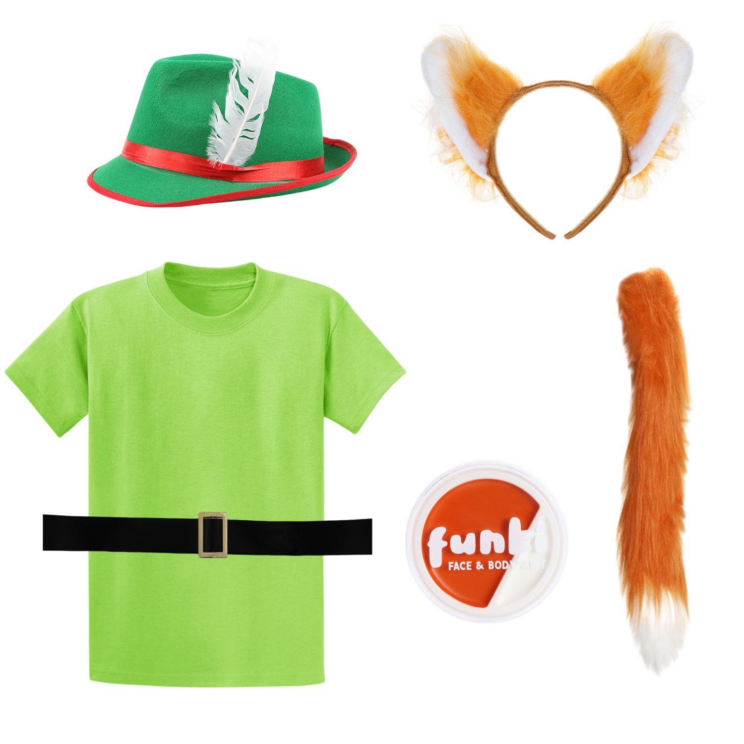 Adults Sherwood Fox Costume | 6 Pcs | T-Shirt, Hat, Belt. Fox Ears, Tail & Face Paint