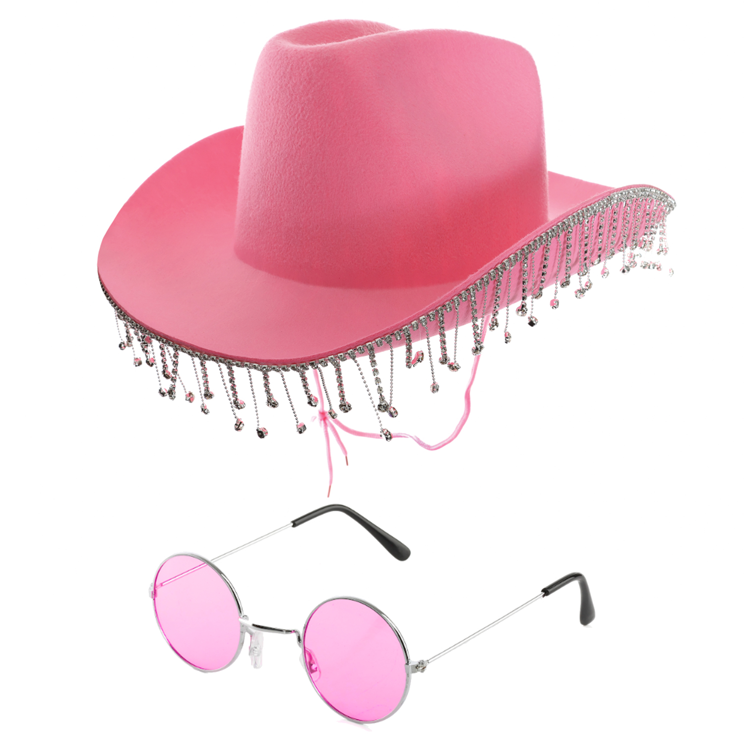 Pink Cowboy Hat with Diamantes & Circular Glasses