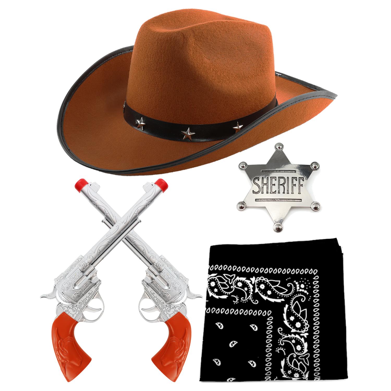 Adults Cowboy Accessory Set | 4 Pcs | Brown Studded Hat, Plastic Pistols, Bandana & Badge