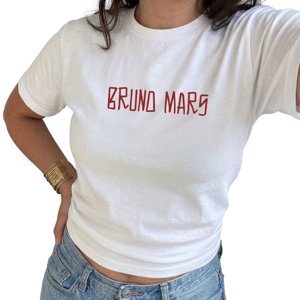 Ladies Pop-Inspired Concert T-Shirt | White Baby Tee | "Bruno" Print