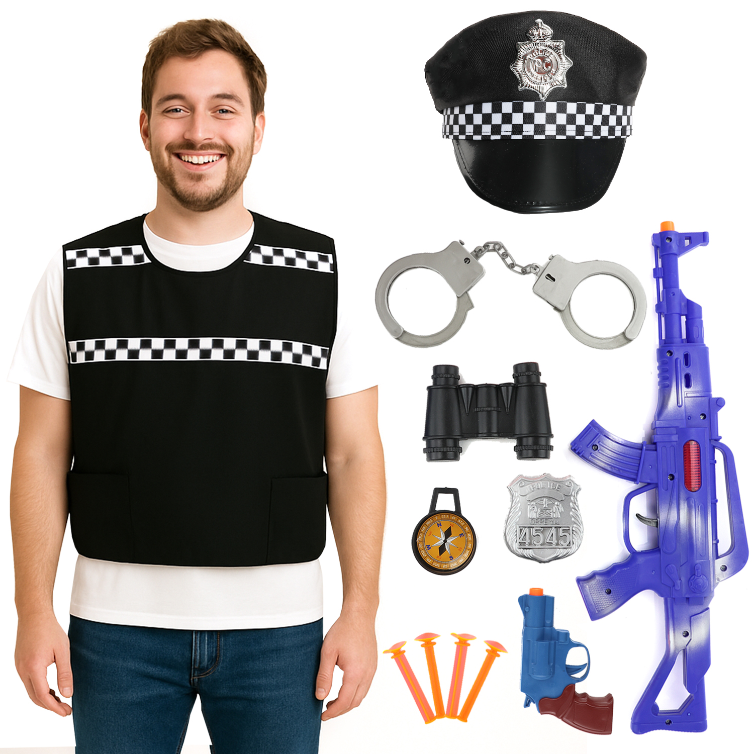 Adults Police Officer Costume - Vest, Hat & 10 Piece Set