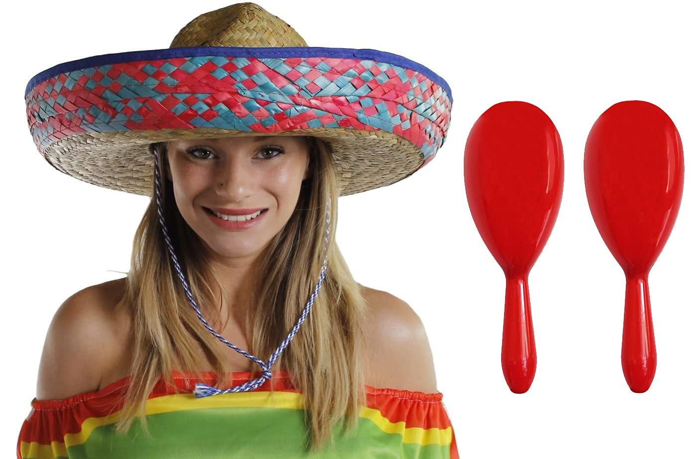 Blue Mexican Sombrero Straw Hat with Red Maracas
