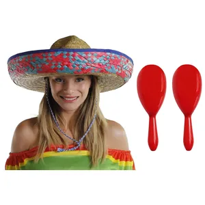 Blue Mexican Sombrero Straw Hat with Red Maracas