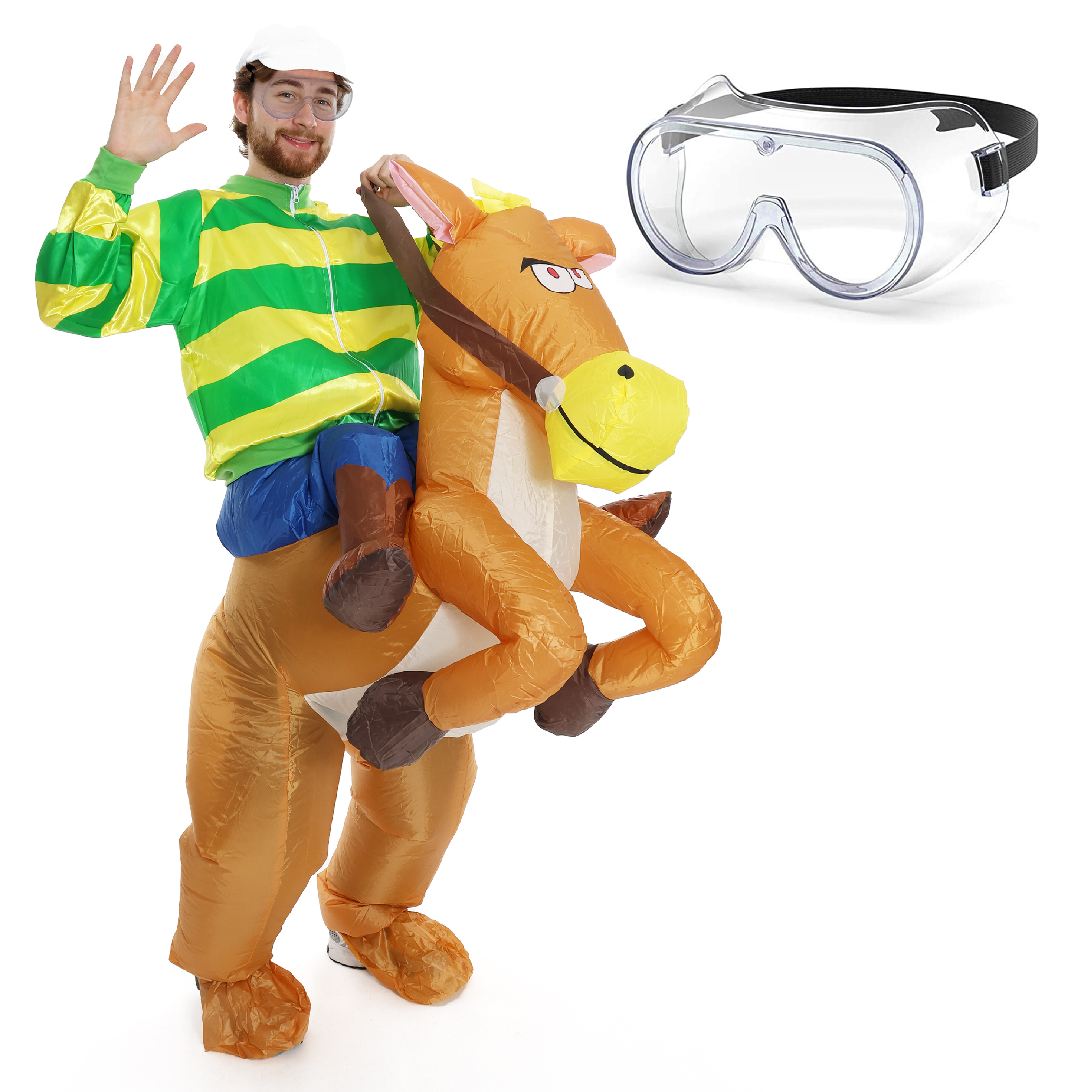 Adults Green & Yellow Jockey Costume - with Inflatable Horse & Clear Goggles