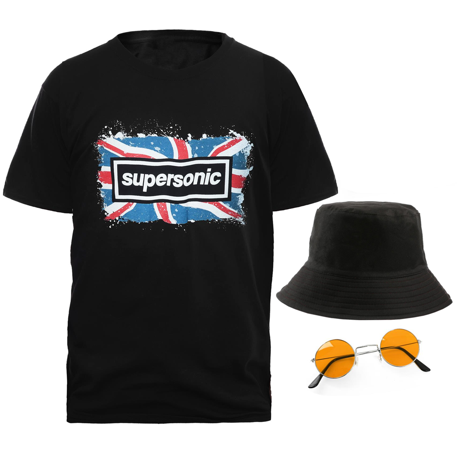 Adults Britpop Cosplay Costume - Super Sonic Tee, Glasses & Bucket Hat