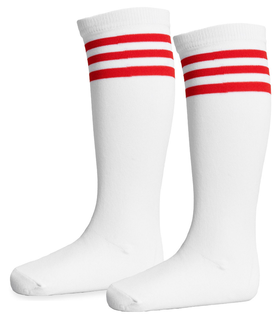 Childs White Long Sport Socks with Red Stripes