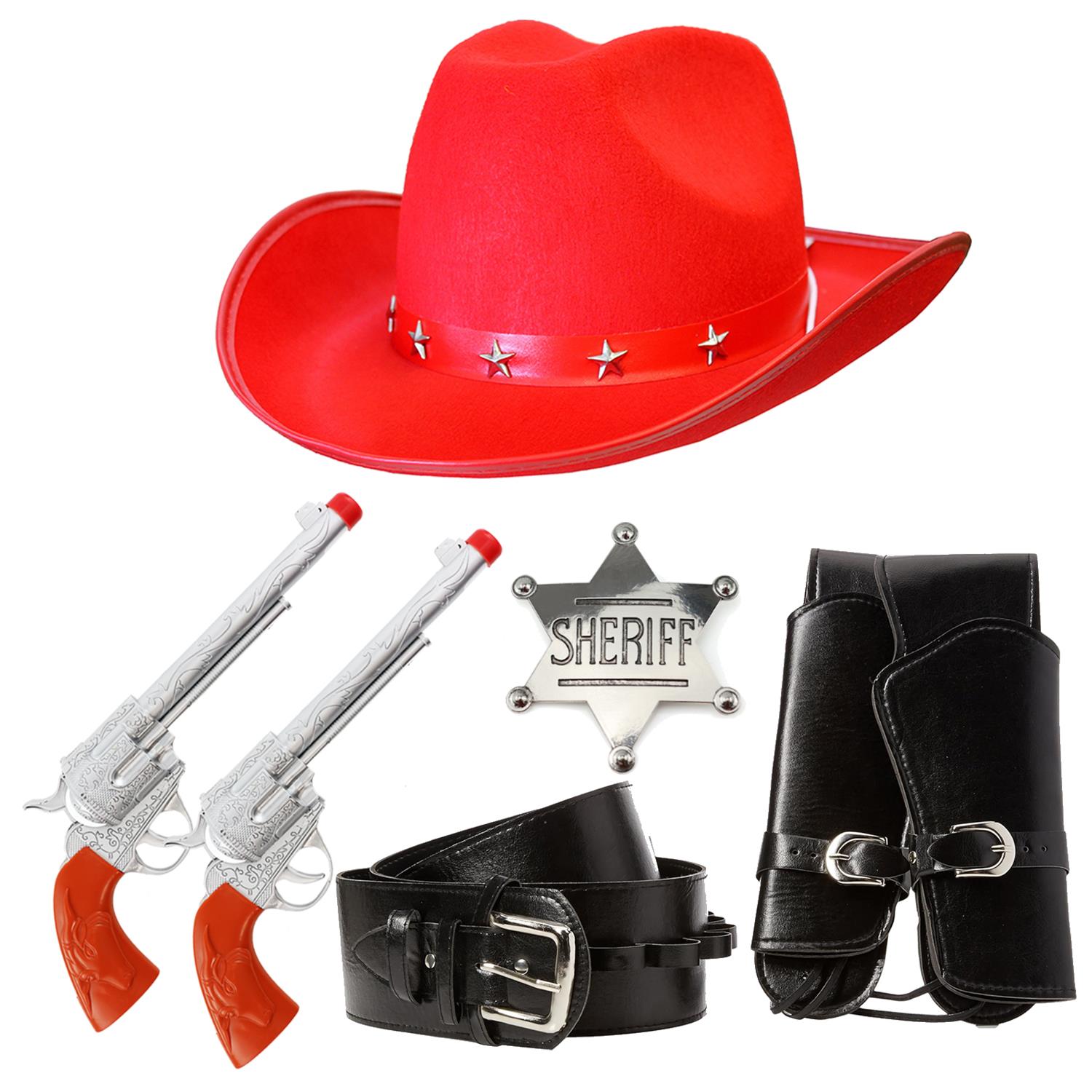 Adults Cowboy Accessory Set | 4 Pcs | Red Studded Hat, Plastic Pistols, Badge & Holster