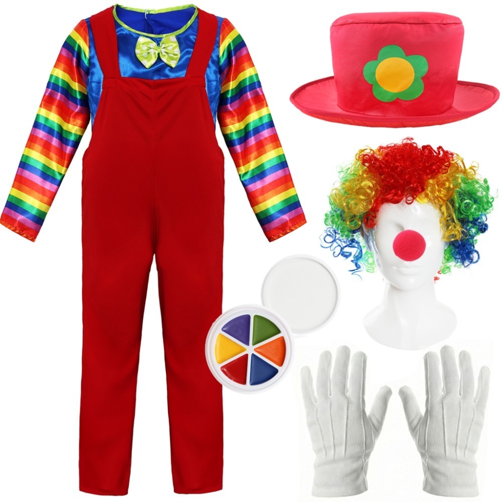 Kids Clown Costume | 8 Pcs | Top, Dungarees, Hat, Wig, Gloves, Nose & Face Paint