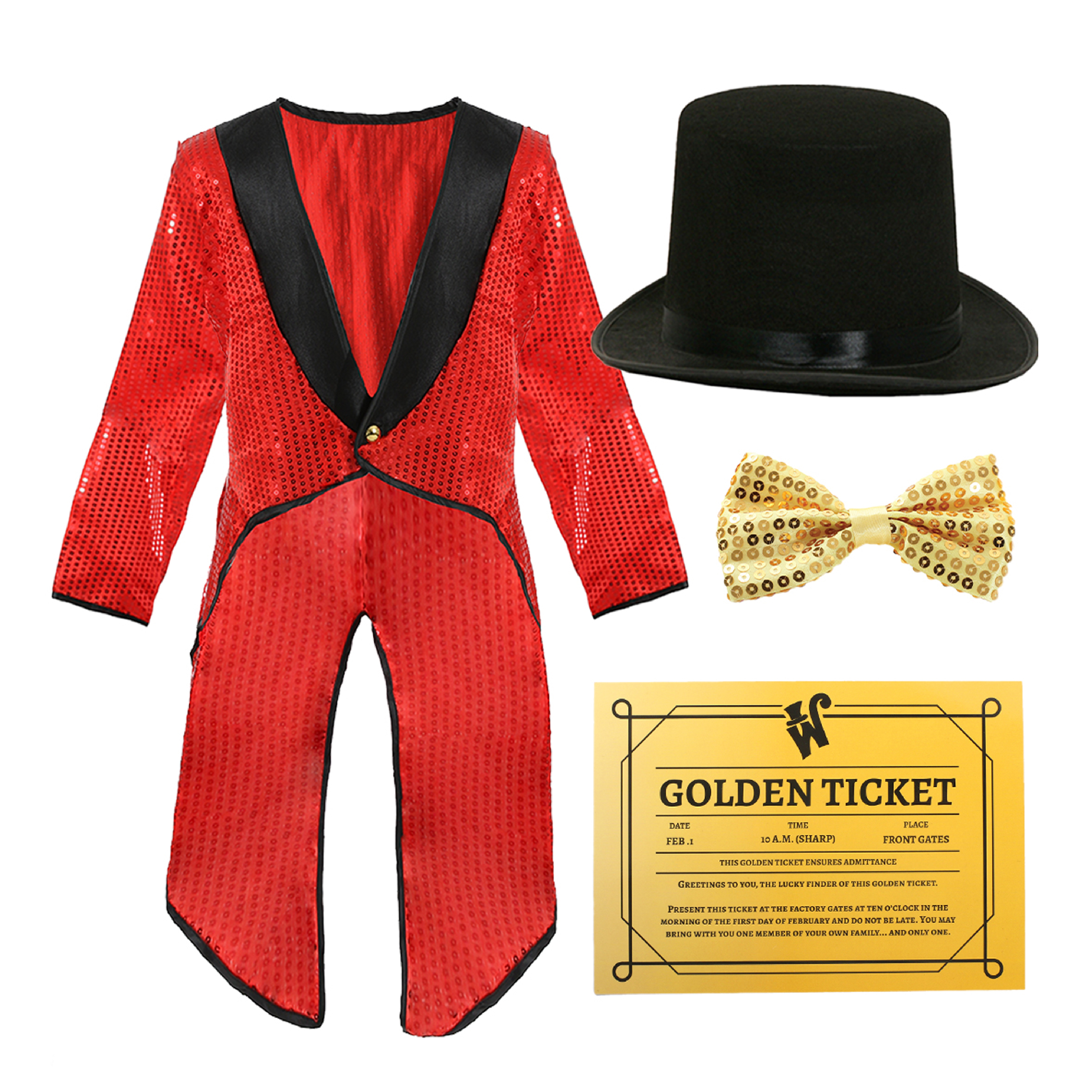 Childs Chocolate Factory Boss Costumes - Red Tailcoat, Tie, Hat & Ticket