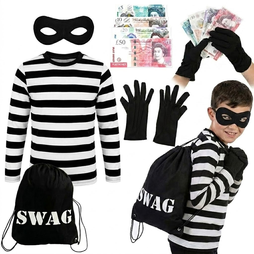 Child's Storybook Burglar Costume | 5 Pcs |  Long Sleeve Top, Eye Mask, Swag Bag, Gloves & Fake Money