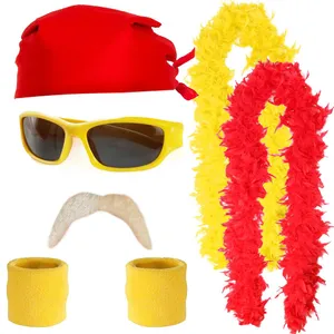 Hulk Hogan Wrestling Costume Accessory Set – Bandana, Sunglasses, Moustache, Sweat Bands & Yellow Red Feather Boa