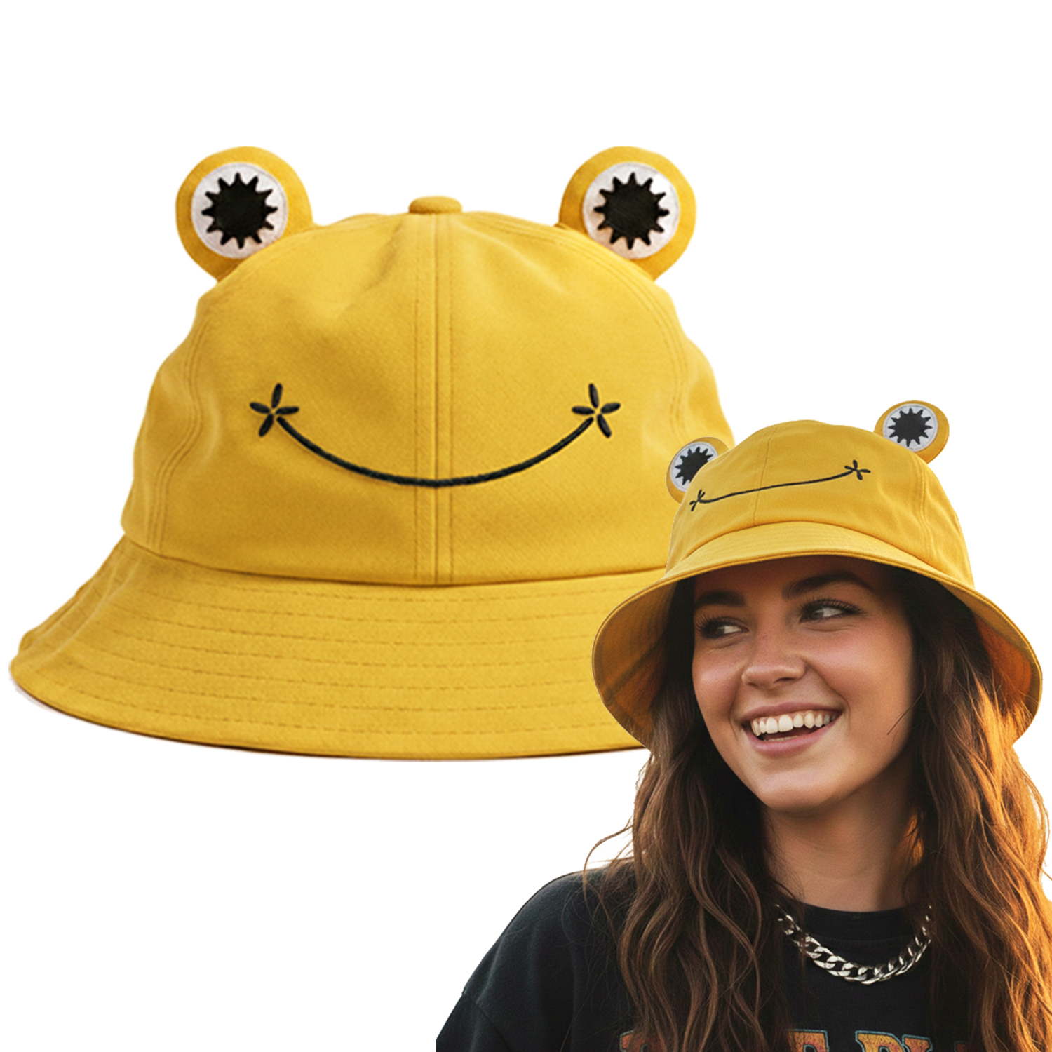 Yellow Frog Bucket Hat | Music Tour Festival Stylish Together Fancy Dress Costume Accessory