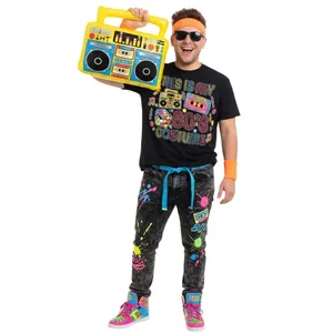 Adults 80’s Costume | 5 Pcs | Black T-Shirt, Glasses, Inflatable Boombox & Orange Sweatbands