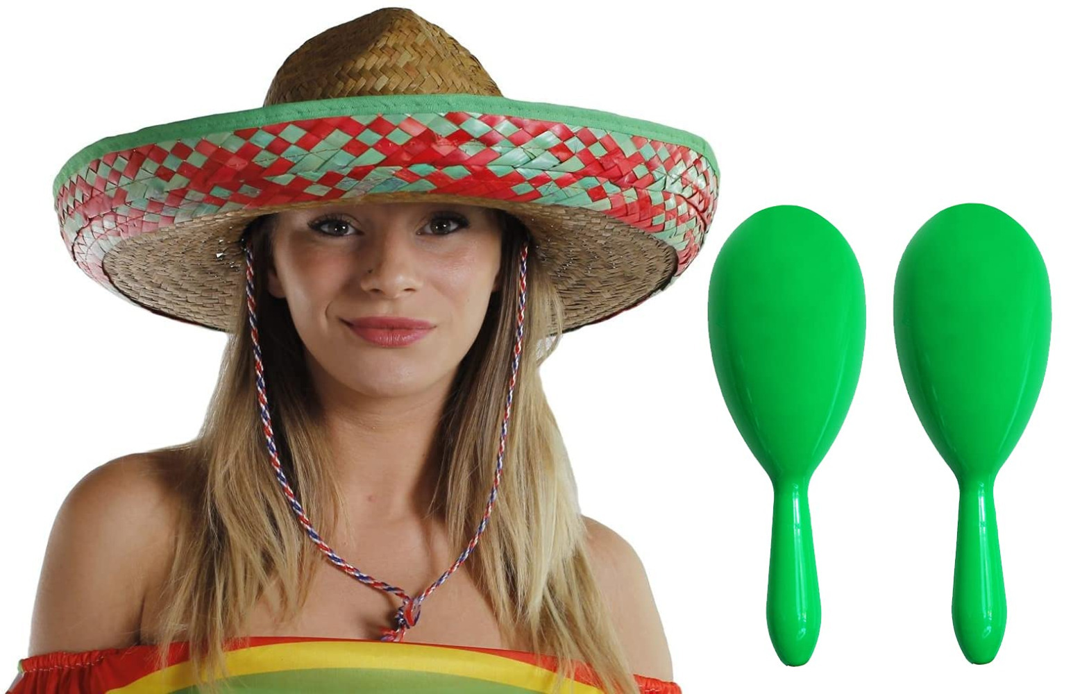 Green Mexican Sombrero Straw Hat with Green Maracas