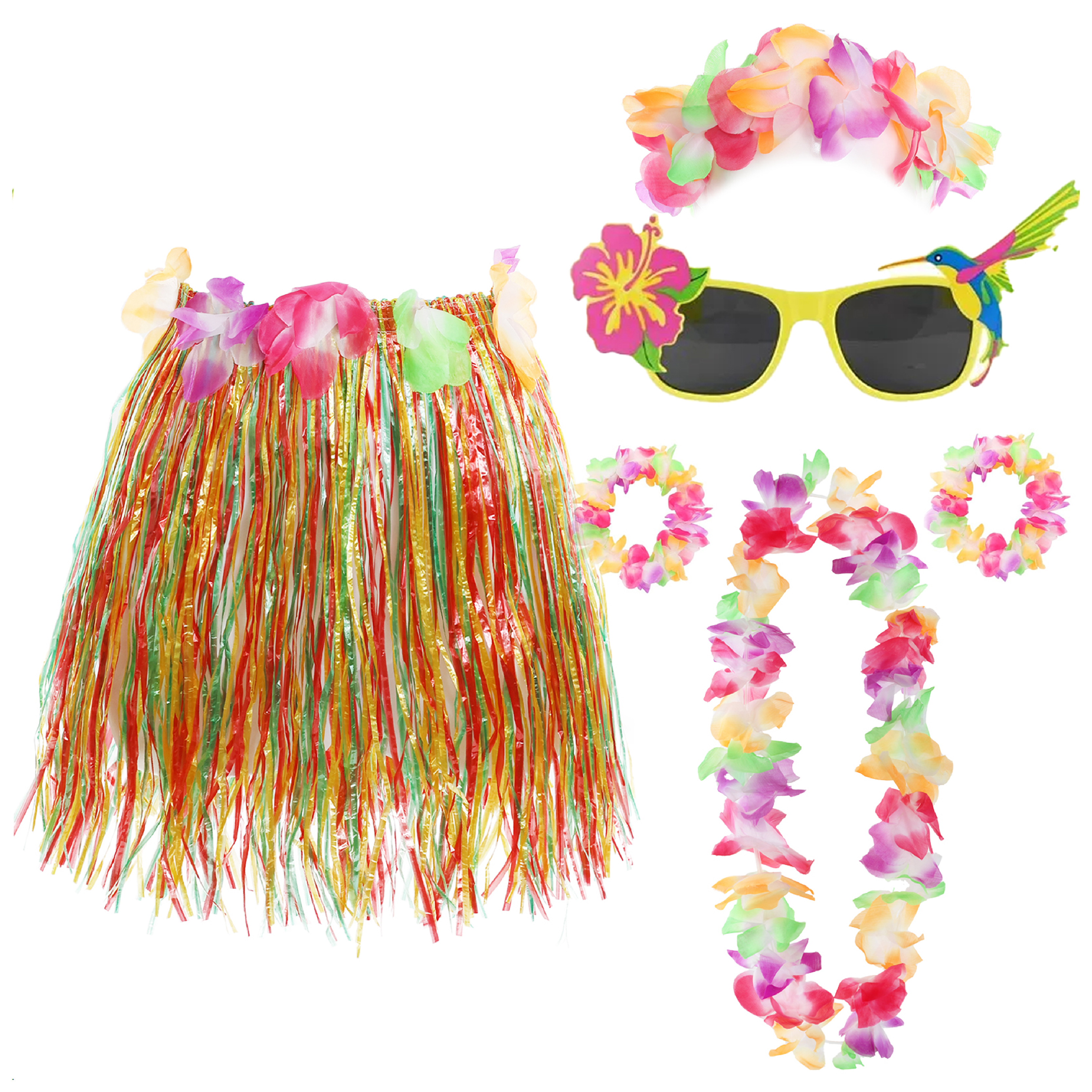 Multicoloured Hula Skirt with Flower Lei & Glasses Set