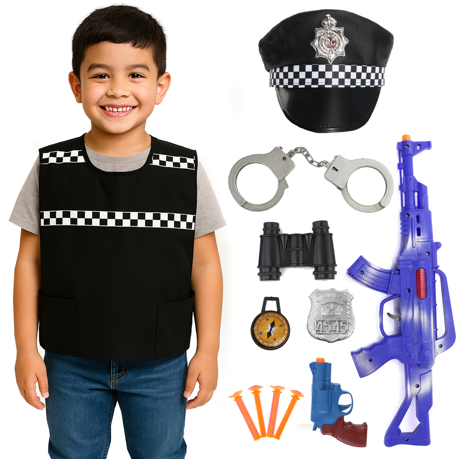 Childs Police Officer Costume Set - Vest, Hat & 10 Piece Set