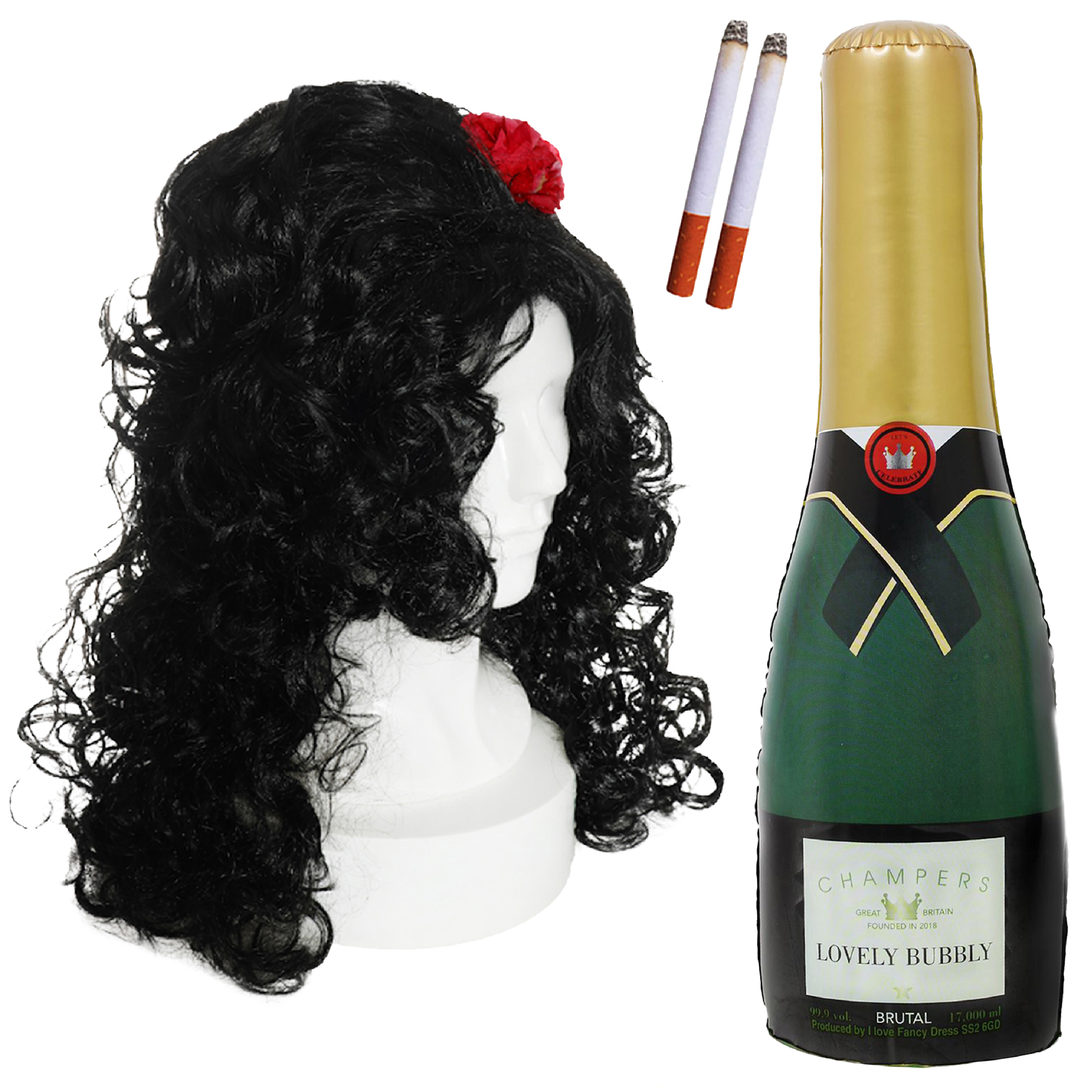 2000's Singer Accessory Set - Beehive Wig, Fake Cigarettes & Inflatable Champagne Bottle