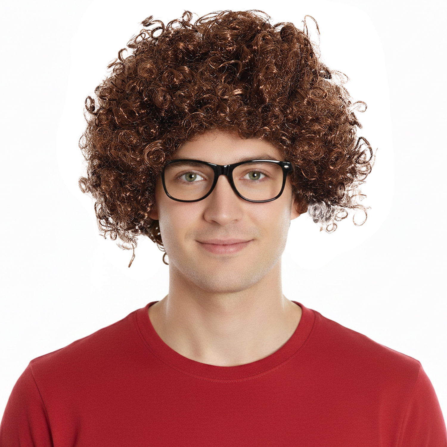 Adults United Strand Accessory Set | 2 Pcs | Brown Curly Wig & Glasses