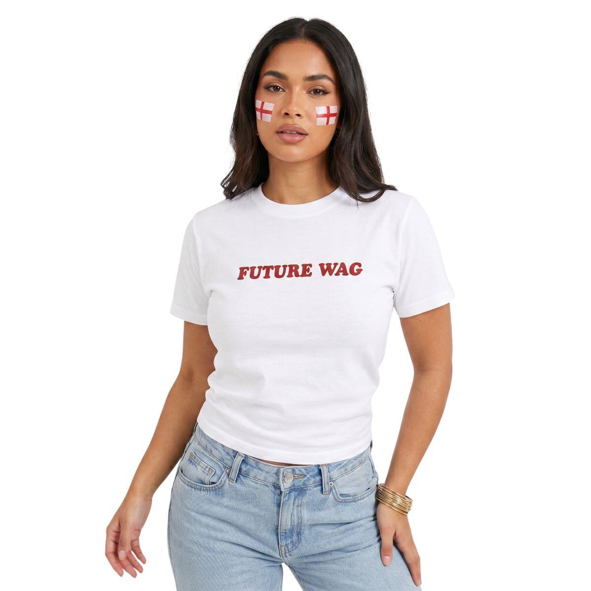 Women’s Baby Tee & 2 England Flag Tattoos - “Future Wag” Football Slogan Top