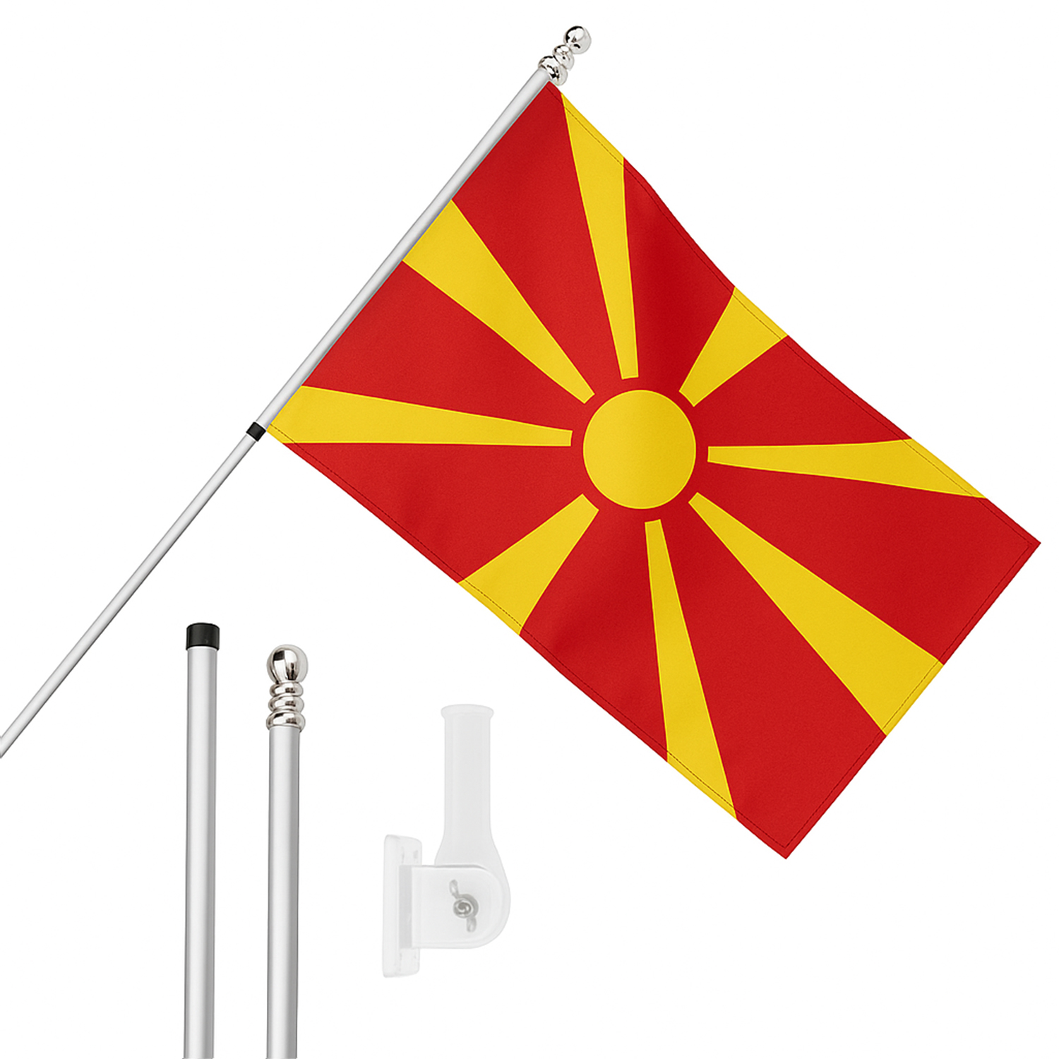 Large 5ft X 3ft North Macedonia Flag with 6ft Pole & Wall Bracket