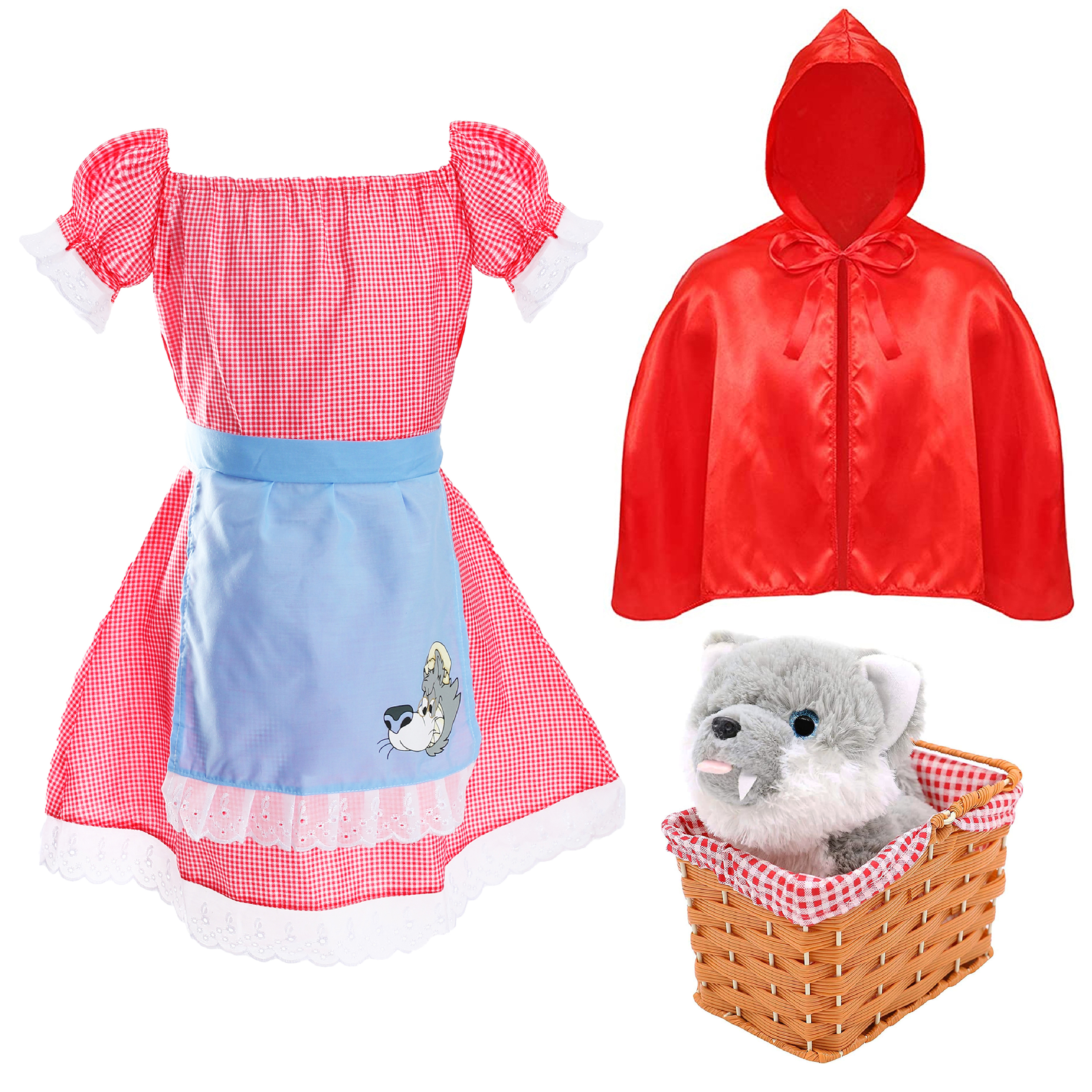 Girls Little Red Riding Hood Costume - with Basket & Wolf