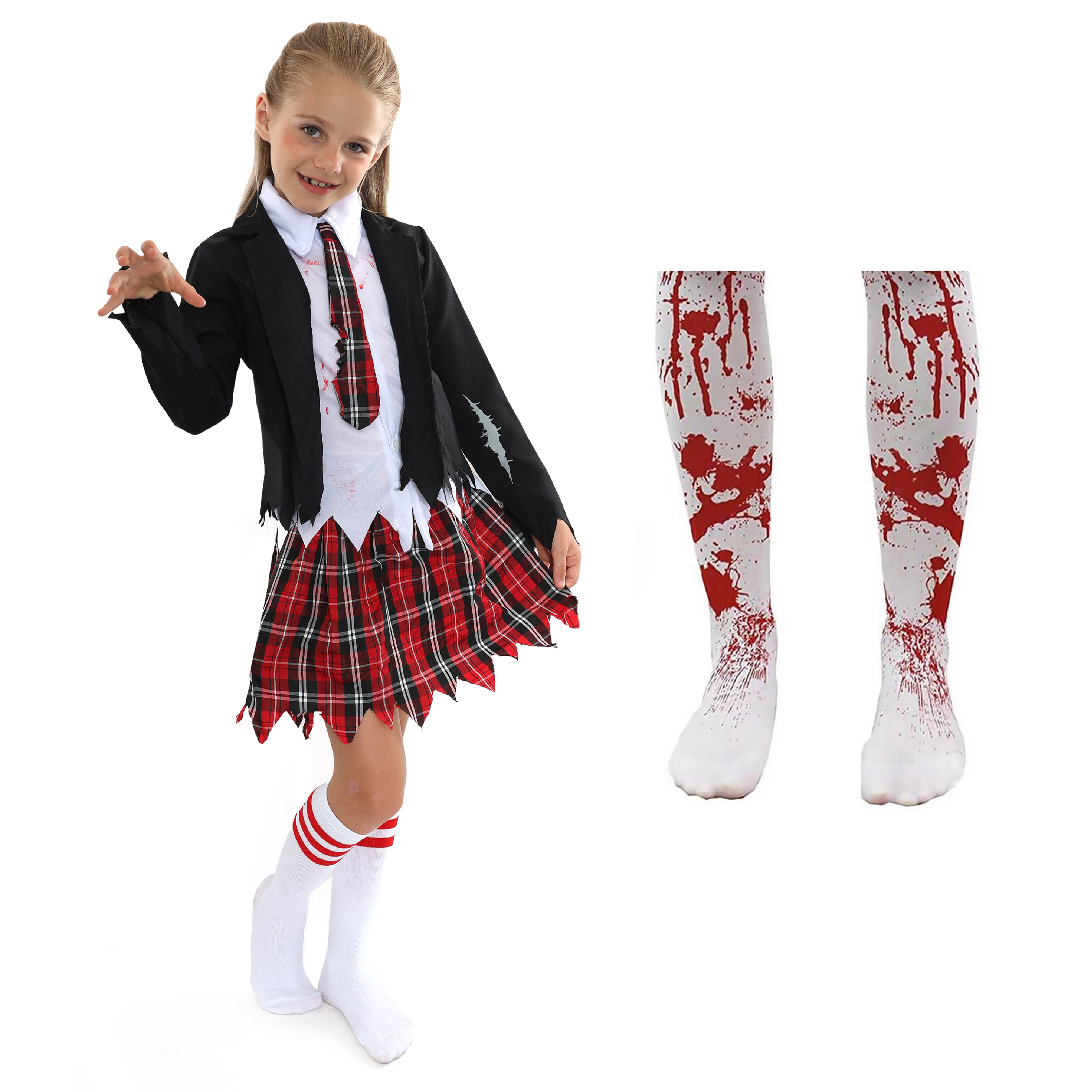 Girls Zombie Schoolgirl Halloween Costume With Bloody Tights