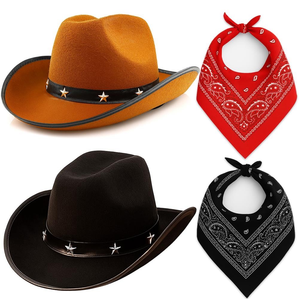 Adults Brown & Black Star Studded Cowboy Hats with Red & Black Paisley Bandanas | Western Fancy Dress Accessory Set