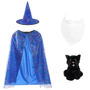 Girls Blue Witch Costume Set - Black Cat & Beard