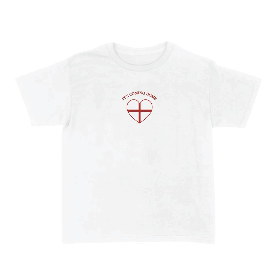 Ladies “It's Coming Home” Heart Baby Tee | Women’s England Football Supporter Tee | White Slogan Top