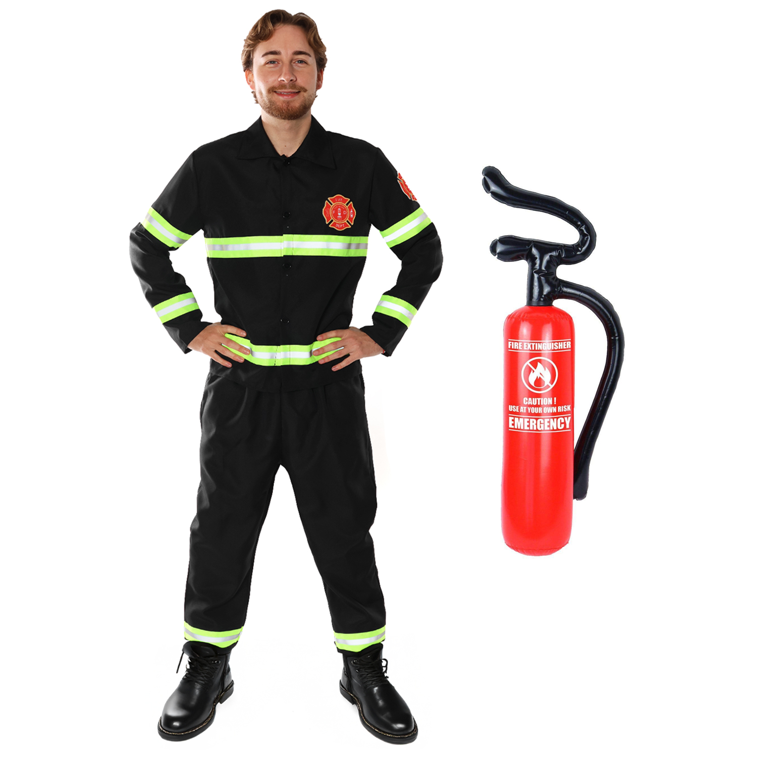 Adults Fireman Costume | 3 Pcs | Top, Trousers & Inflatable Fire Extinguisher