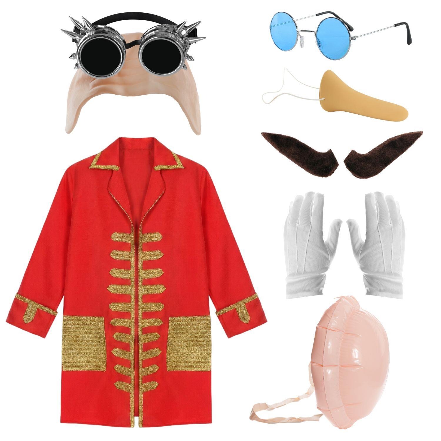 Men's Professor Egg Villain Costume | 8 Pcs | Jacket, Bald Cap, Goggles, Glasses, Nose, Moustache, Gloves & Inflatable Belly