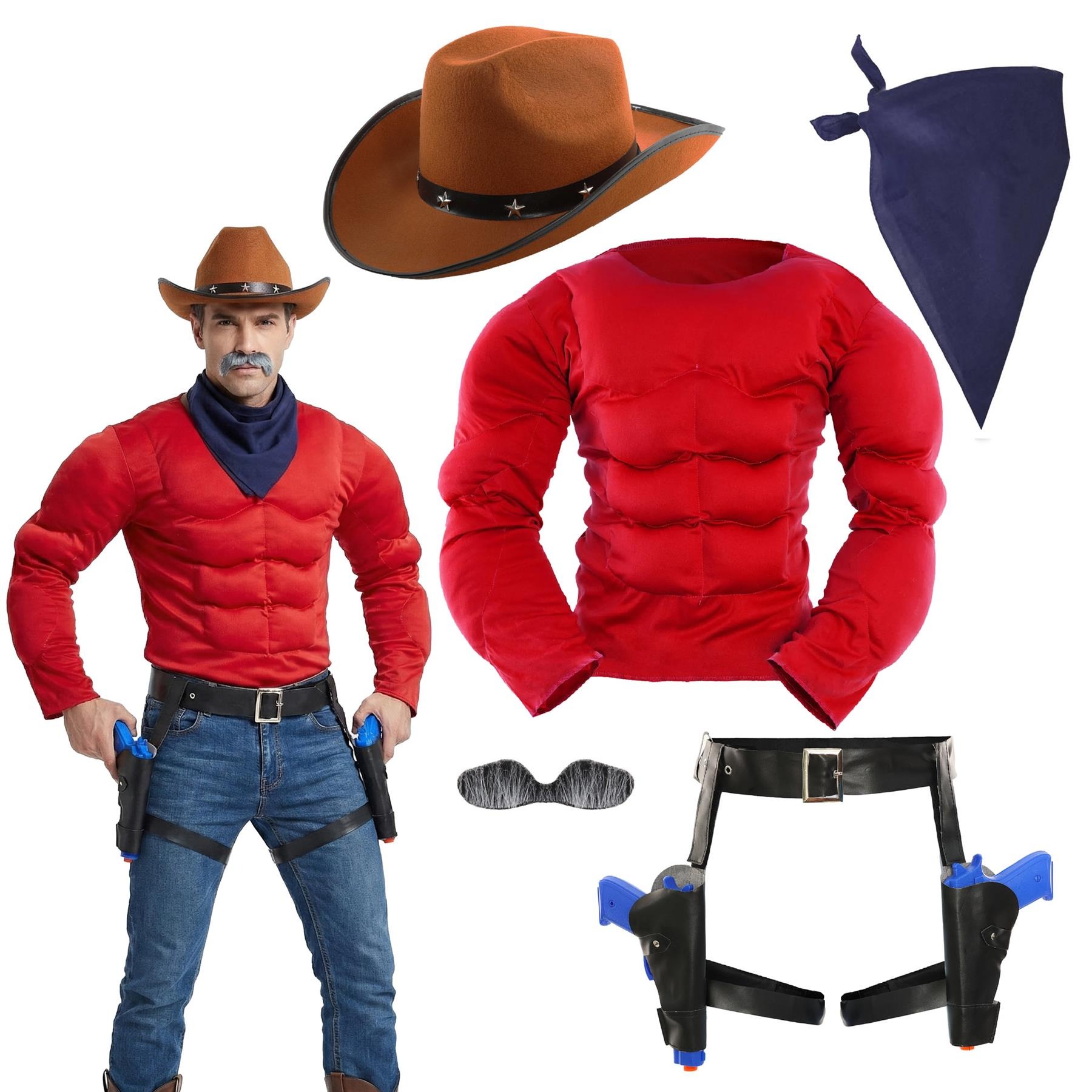 Mens Desperate Dan Costume | 5 Pcs | Muscle Chest, Hat, Bandana, Gun Holster & Tash