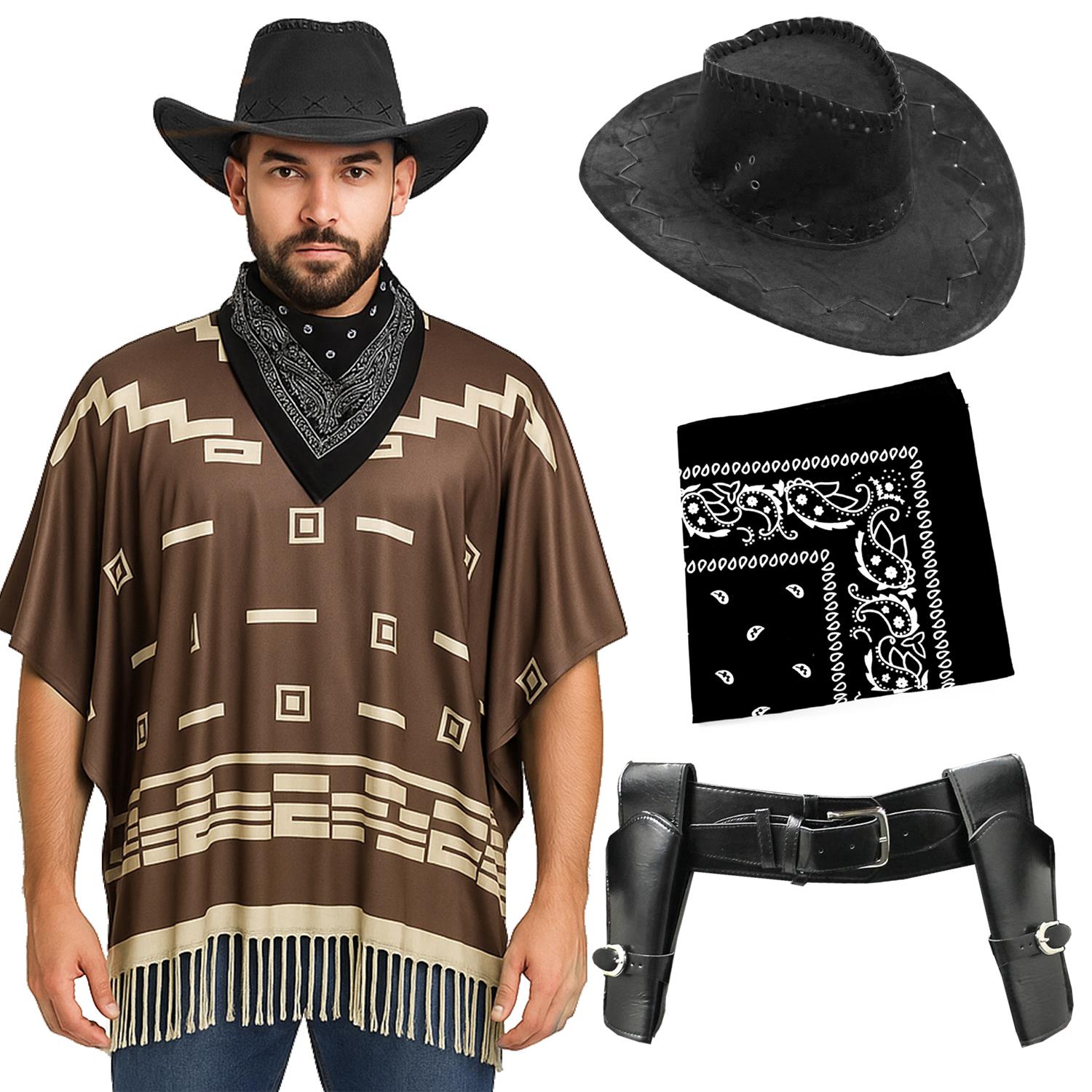 Adults Wild Western Costume | 4 Pcs | Brown Poncho, Holster, Black Bandana & Black Suede Cowboy Hat