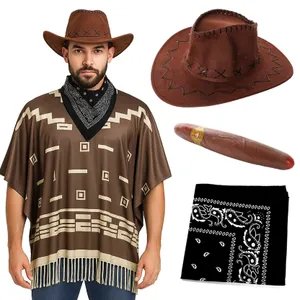 Adults Wild Western Costume | 4 Pcs | Brown Poncho, Cigar, Black Bandana & Black Suede Cowboy Hat