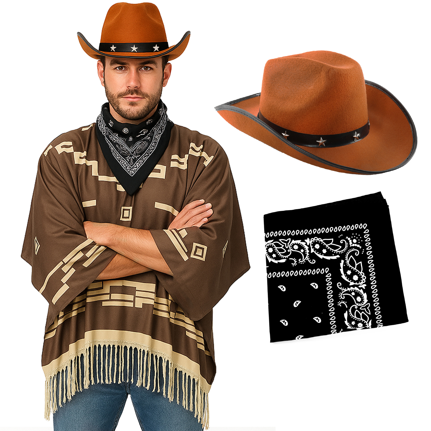 Adults Wild Western Costume | 3 Pcs | Brown Poncho, Black Bandana & Brown Star Studded Cowboy Hat
