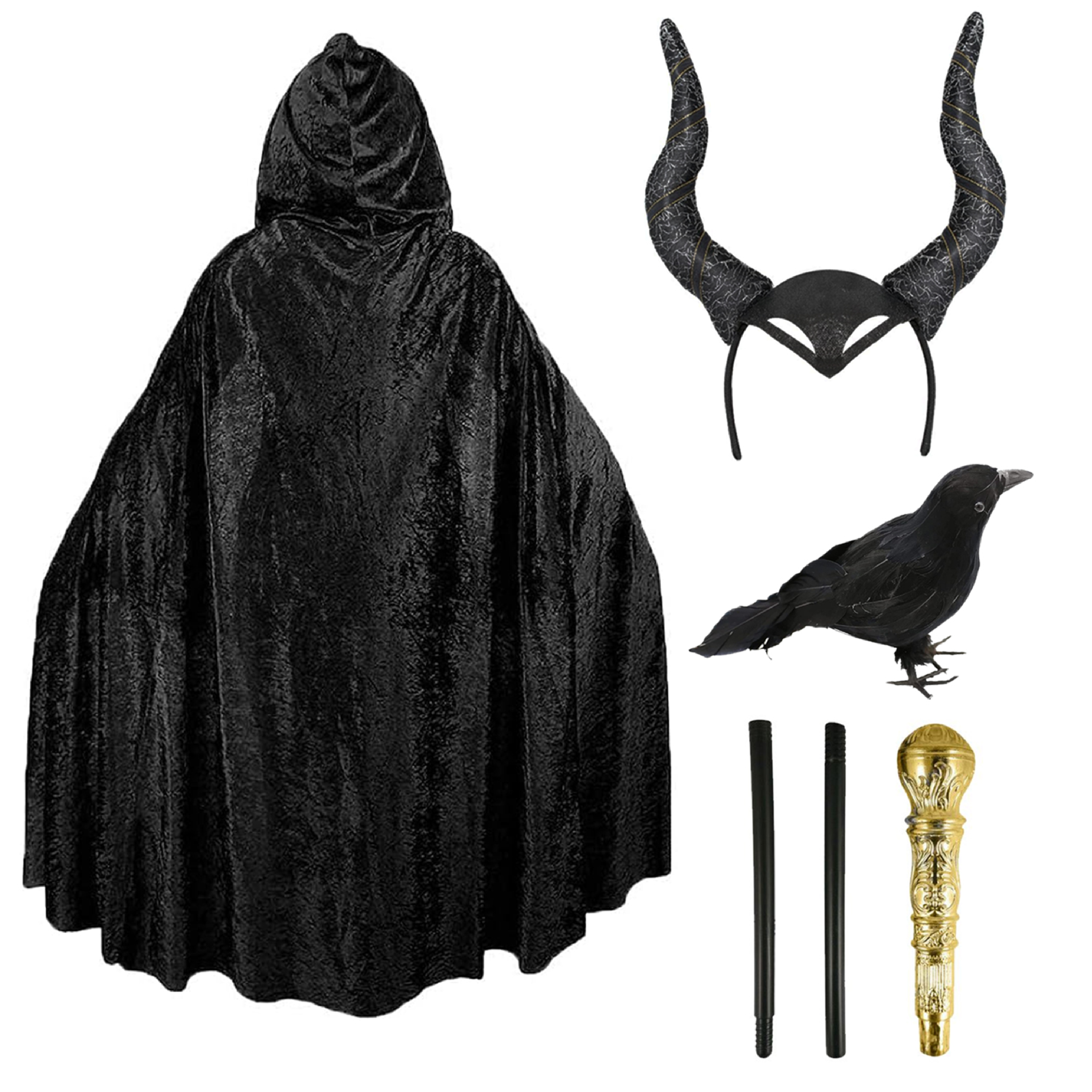 4 PIECE MALEFICENT - BLACK HORNS, BLACK VELOUR CAPE, CROW + GOLD CANE