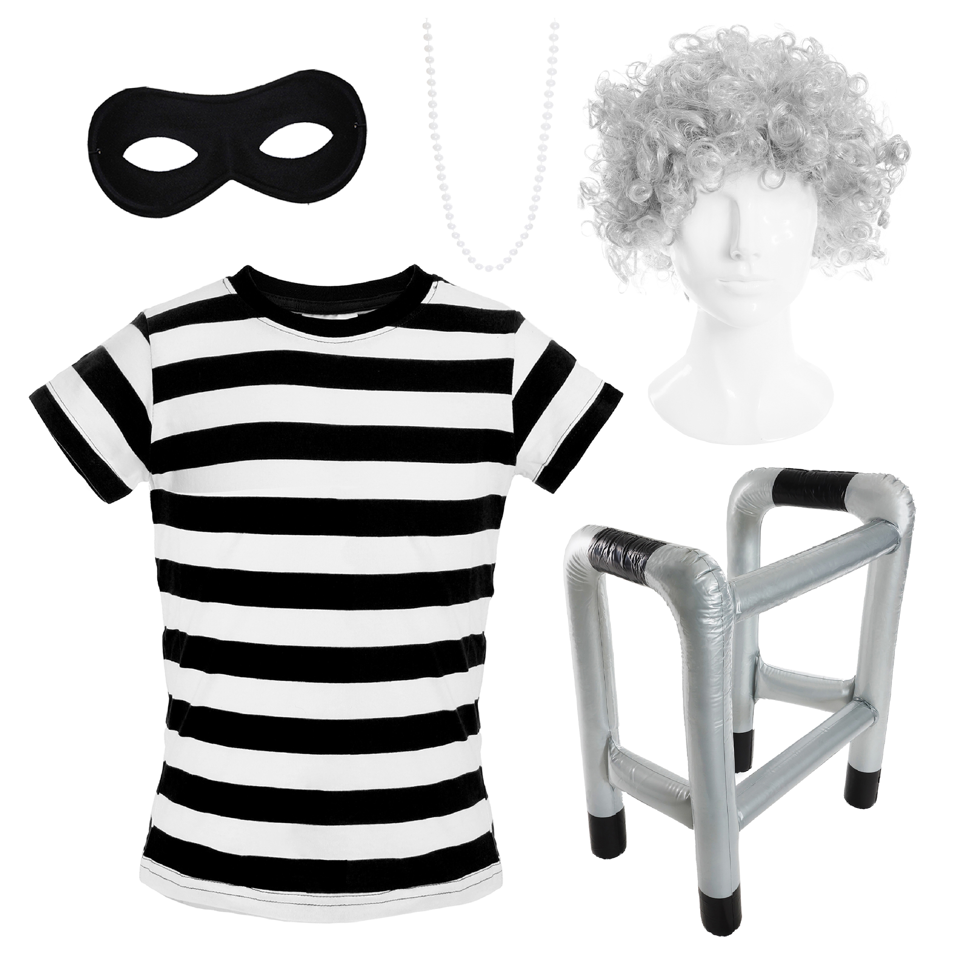 Adults Grandma Burglar Costume - Short Sleeve Top, Grey Afro Wig, Mask, Inflatable Zimmer Frame & Necklace