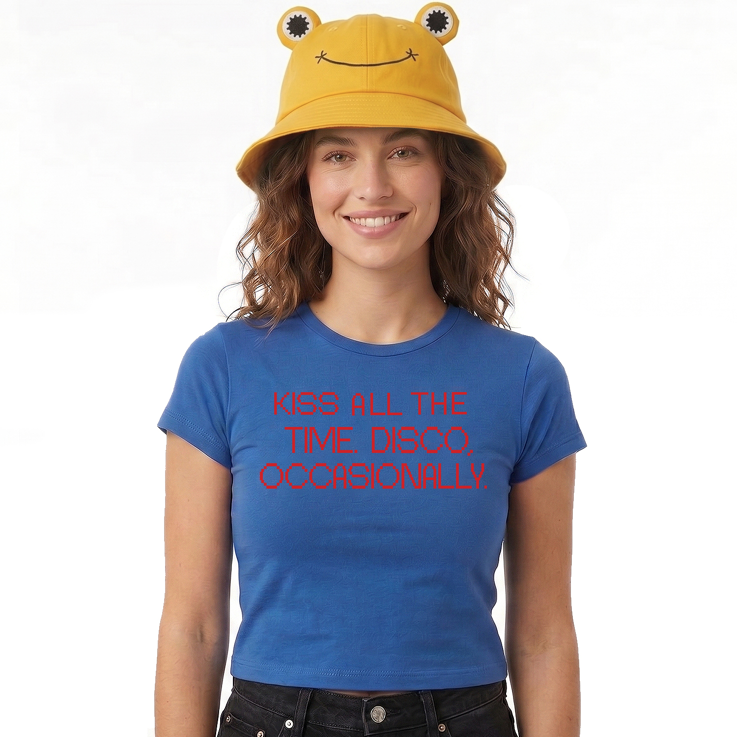 Ladies Pop-Inspired Concert Set | Royal Blue Baby Tee & Yellow Frog Bucket Hat | "KISS ALL THE TIME. DISCO OCCASIONALLY"