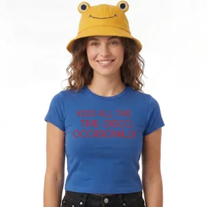 Ladies Pop-Inspired Concert Set | Royal Blue Baby Tee & Yellow Frog Bucket Hat | "KISS ALL THE TIME. DISCO OCCASIONALLY"