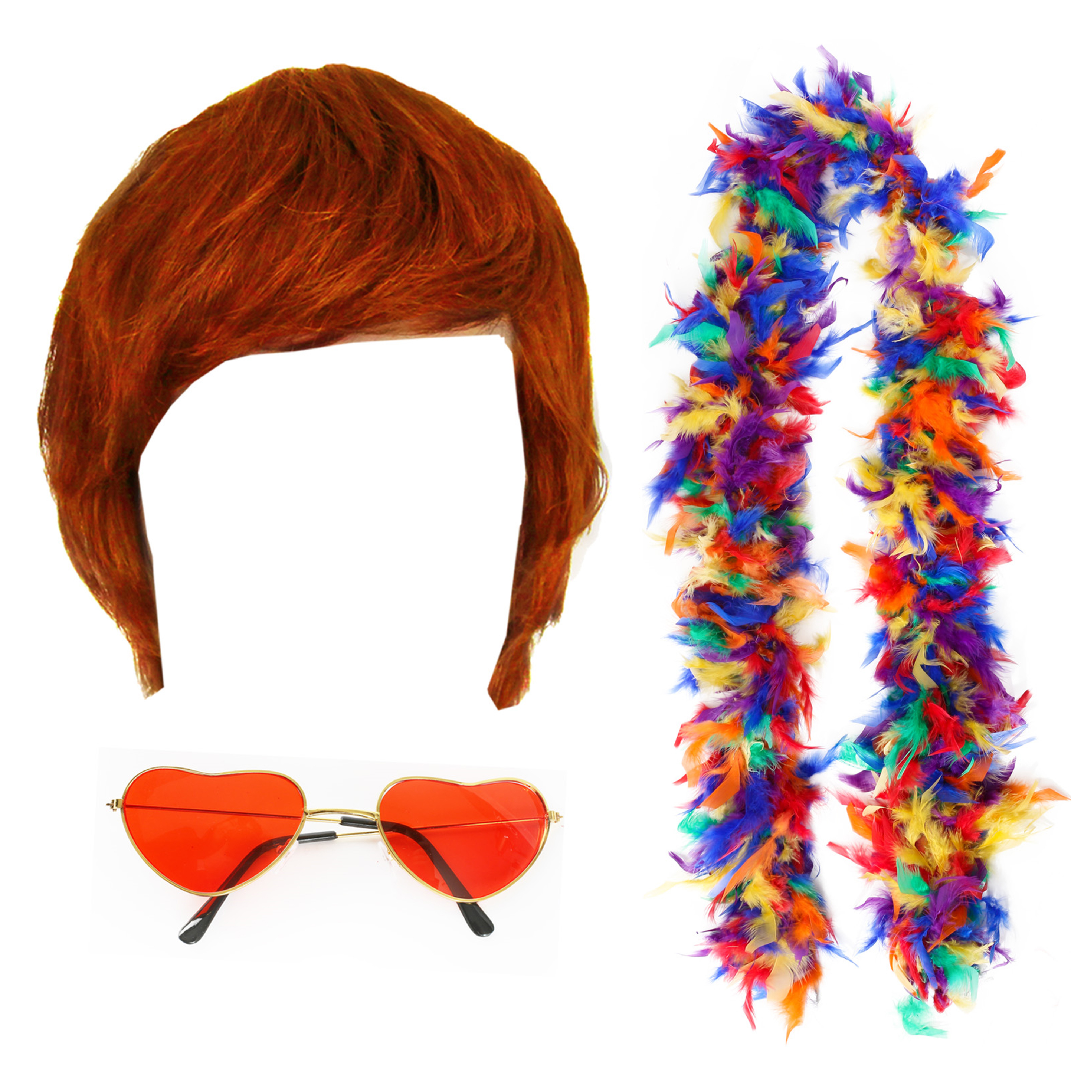 Elton John 3 Piece Ginger Wig, Rainbow Boa and Red Heart Glasses Costume  Set
