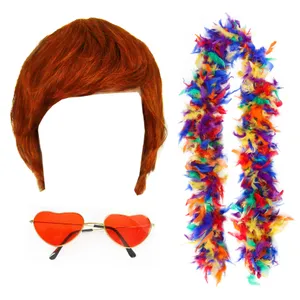 Elton John 3 Piece Ginger Wig, Rainbow Boa and Red Heart Glasses Costume Set