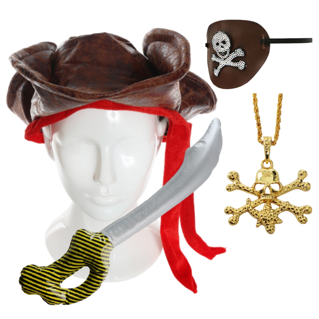 Adults Pirate Accessory | 4 Pcs | Hat, Eye Patch, Inflatable Sword & Necklace