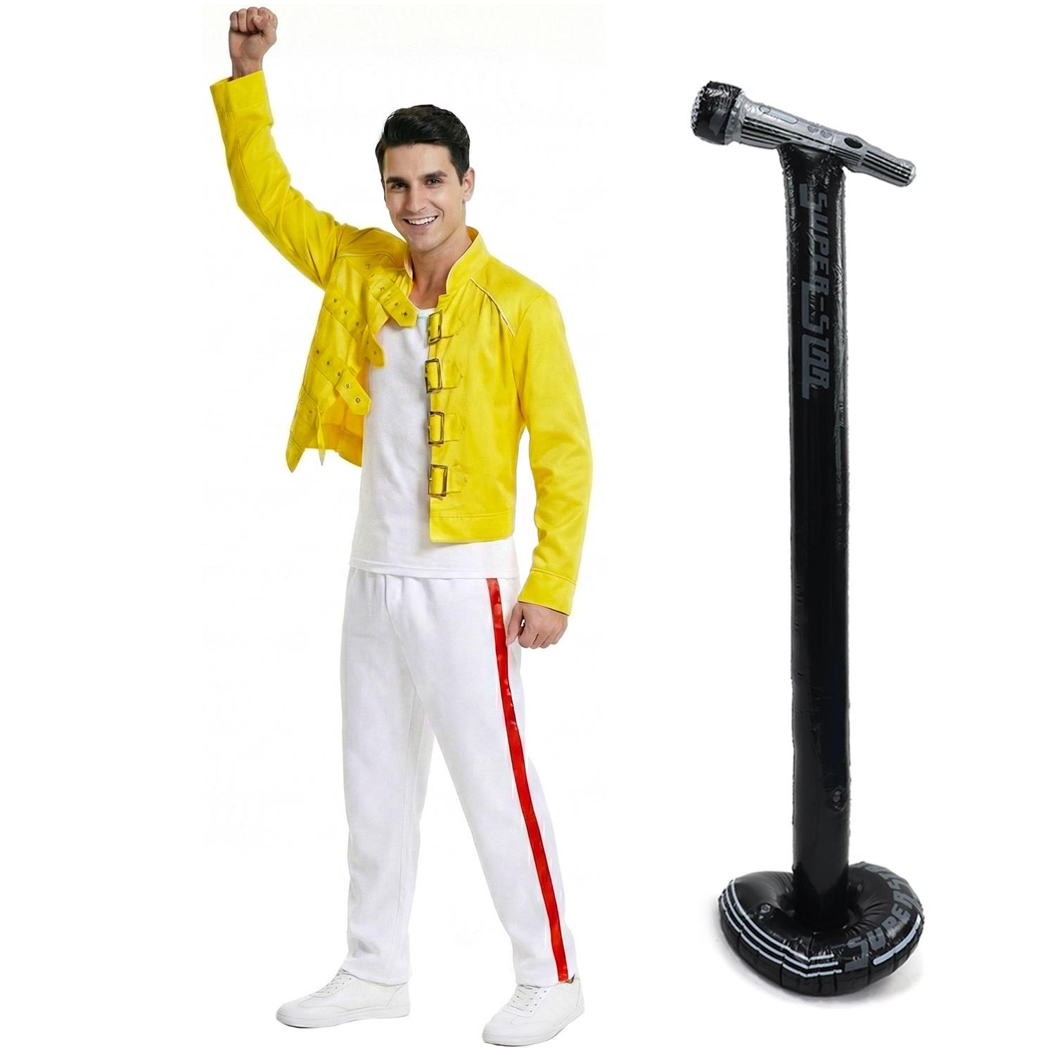 Adults 80's Rock Star Costume Set | 3 Pcs | Yellow Jacket, White Trousers & Inflatable Mic Stand
