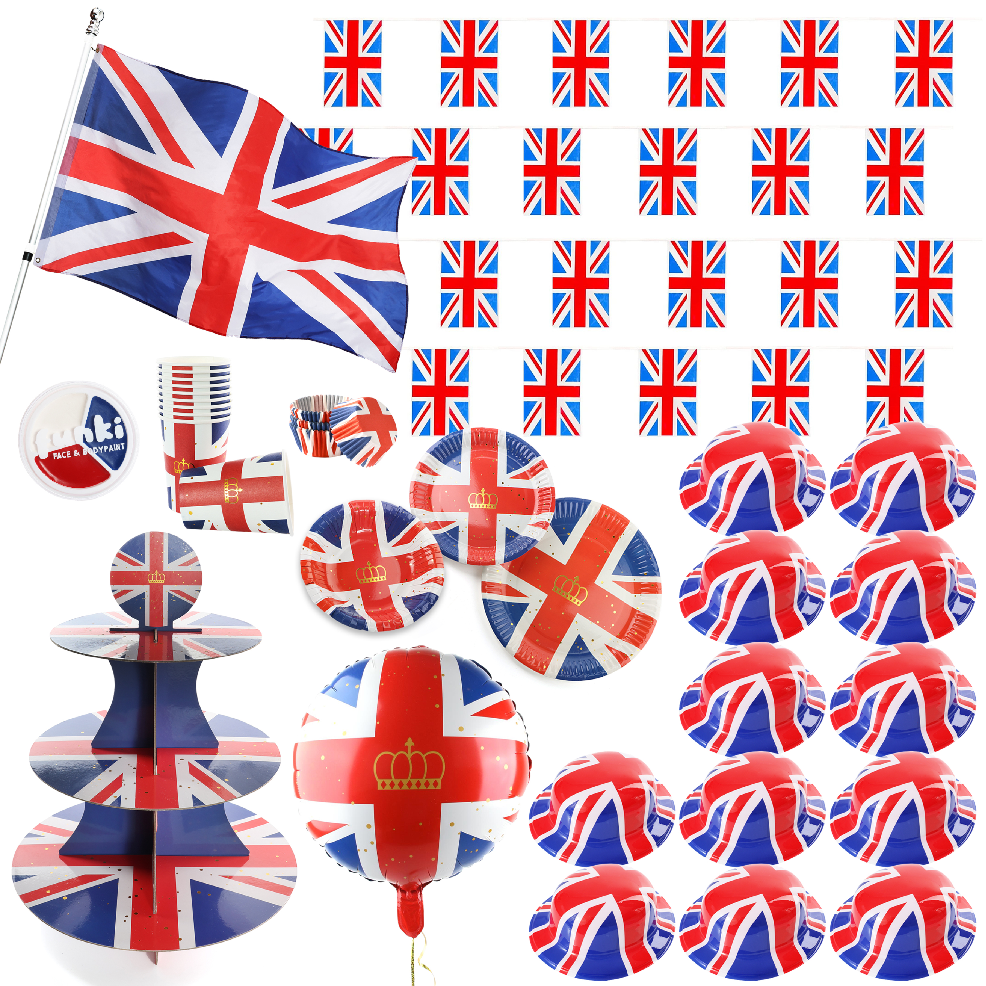 Union Jack Big Bundle Set – Flags, Bunting, Tableware, Hats & Body Paint for British Celebrations