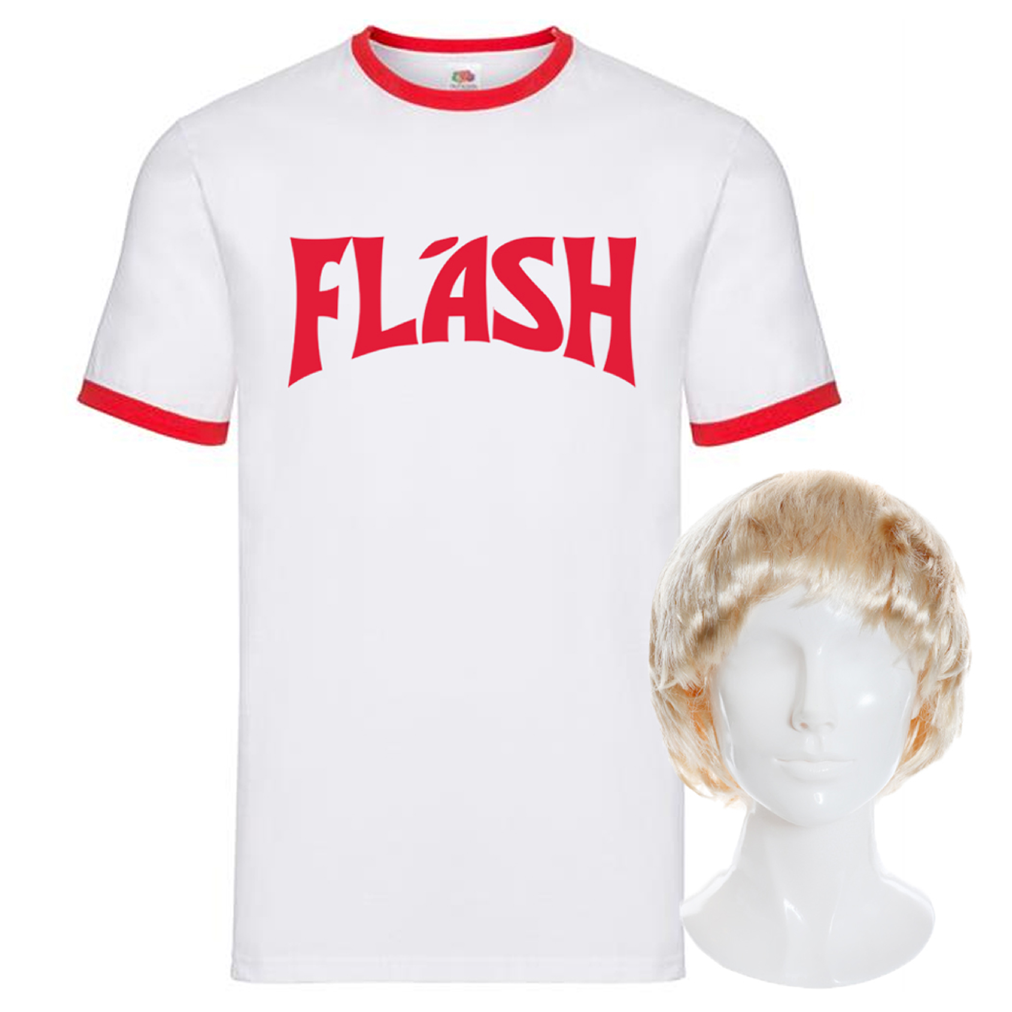 Flash Gordon Inspired Costume Set – T-Shirt & Blonde Wig for 80s Fancy Dress & Cosplay