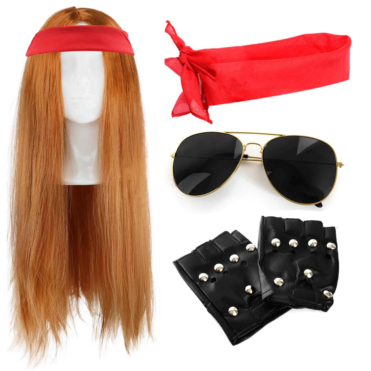 Axl Rose Inspired Accessory Set | 4 Pcs | Ginger Wig, Red Bandana, Gloves & Glasses