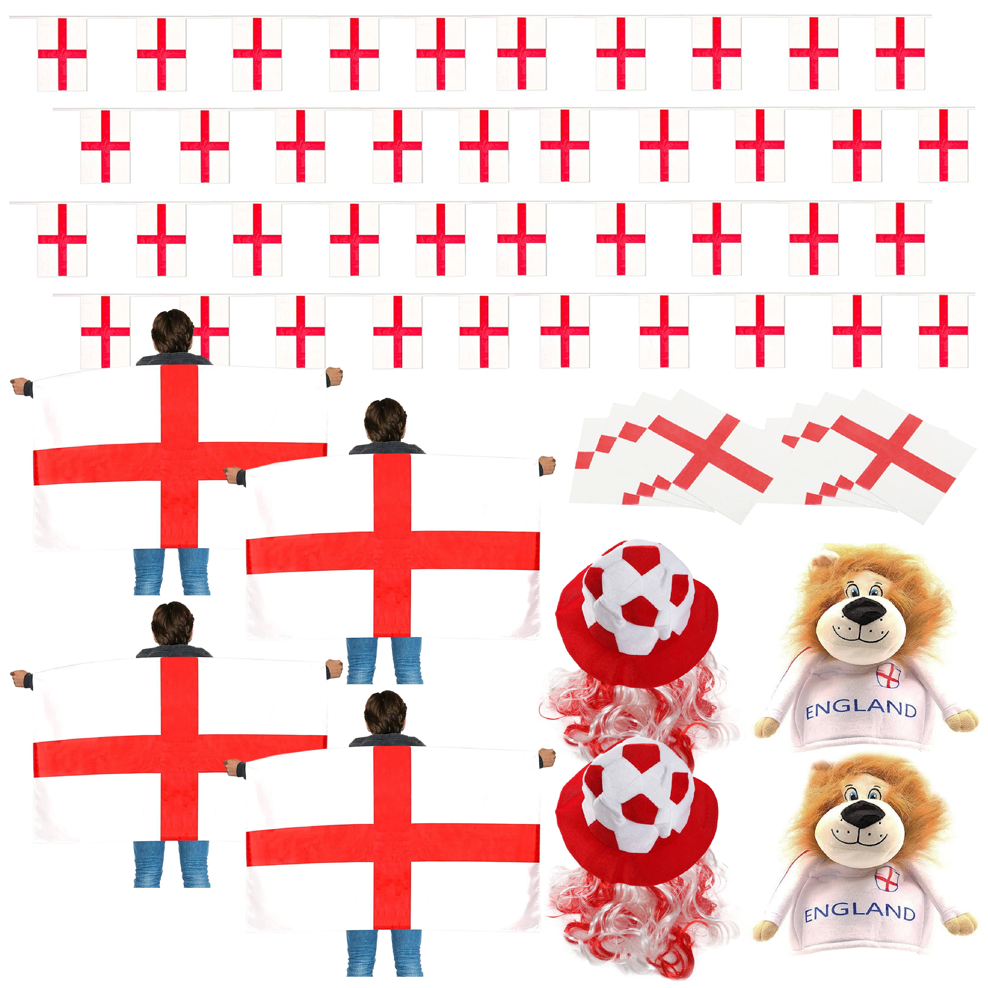18 Piece England Supporters Set - Bunting, Flag Capes, Tattoos, Football & Lion Hats