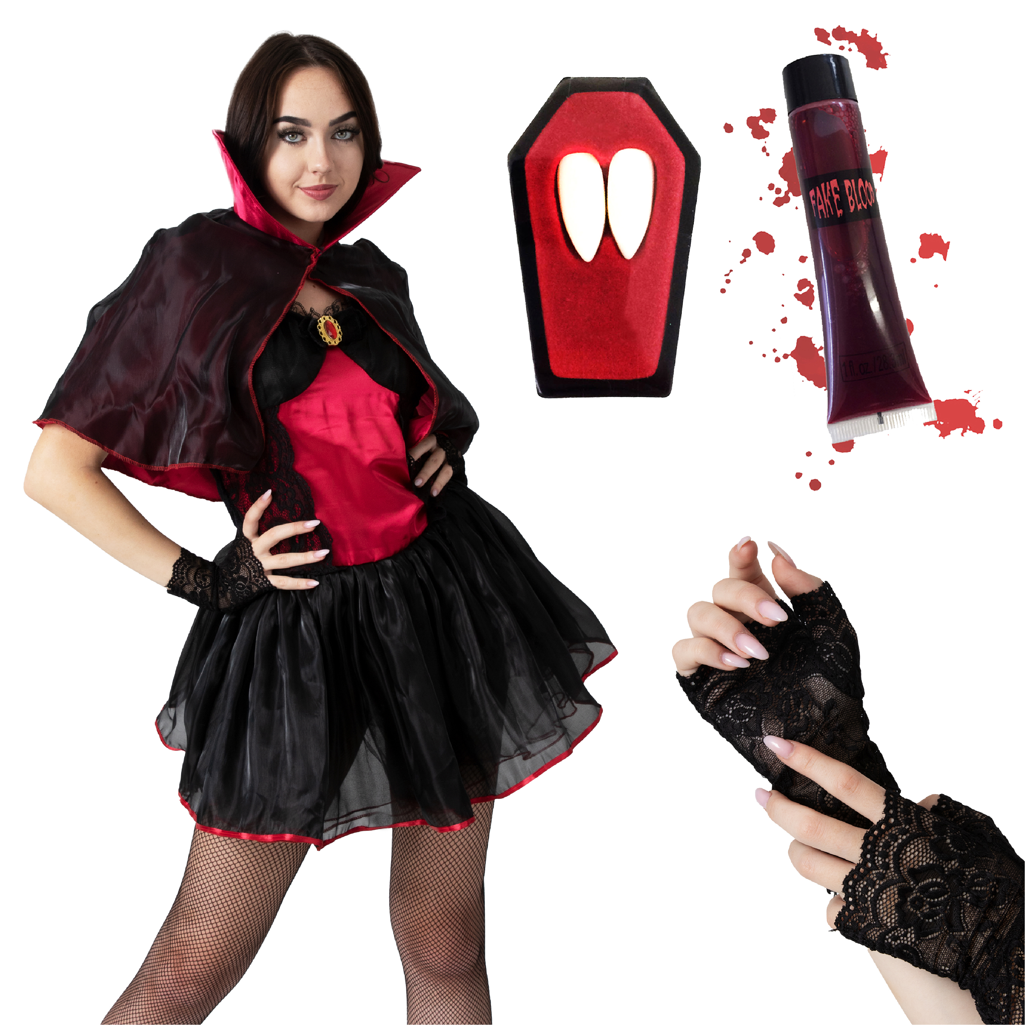 Ladies Vampiress Costume With Fangs, Blood & Lace Gloves